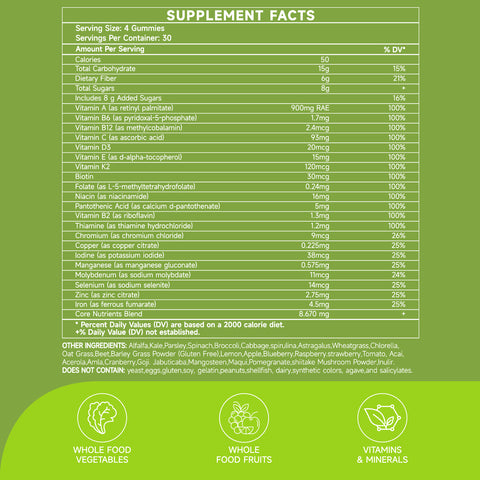 Yeaaut Super Greens Gummies|Organic Spirulina and Chlorella & Multi-Vitamins and Minerals|Prebiotics for Digestive & Gut Health|120 Gummies